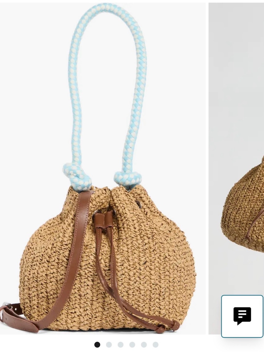 Woven Straw Drawstring Bucket Bag with Light Blue Rope Handle